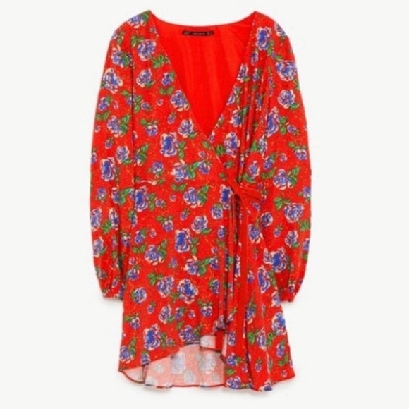Zara | NWT Red Floral Wrap V-Neck Ruched 3/4-Length Sleeve Dress XS - Picture 10 of 13